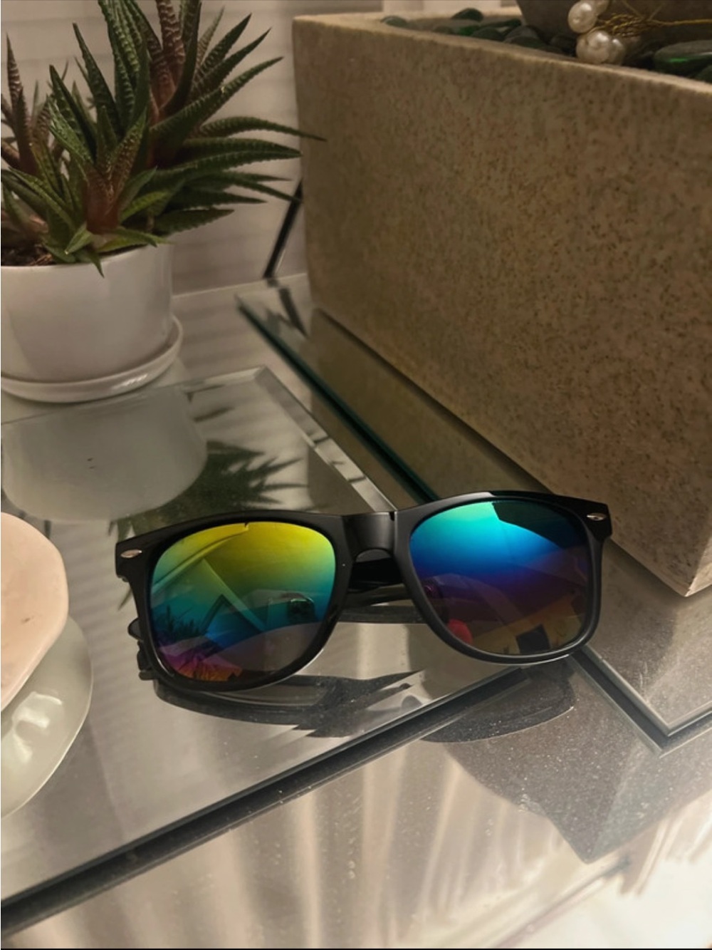 Matte Black Sunglasses with Blue-Green Mirrored Lenses